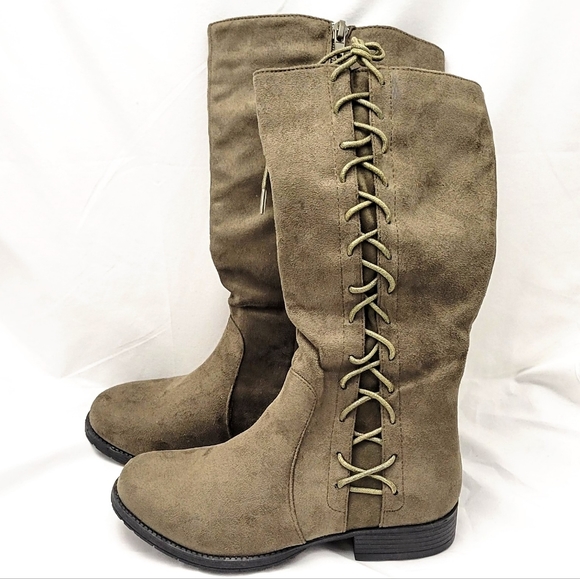 Bella Marie Olive Army Green Tall Boots Lace Up Zip - Picture 3 of 6